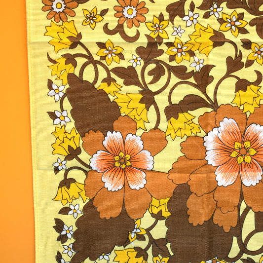 Vintage 1960s Tea Towel - Florals - Yellow / Brown by Vintage