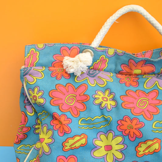 Vintage 1960s Cotton Beach Bag - Flower Power - Blue by Pineapple Retro