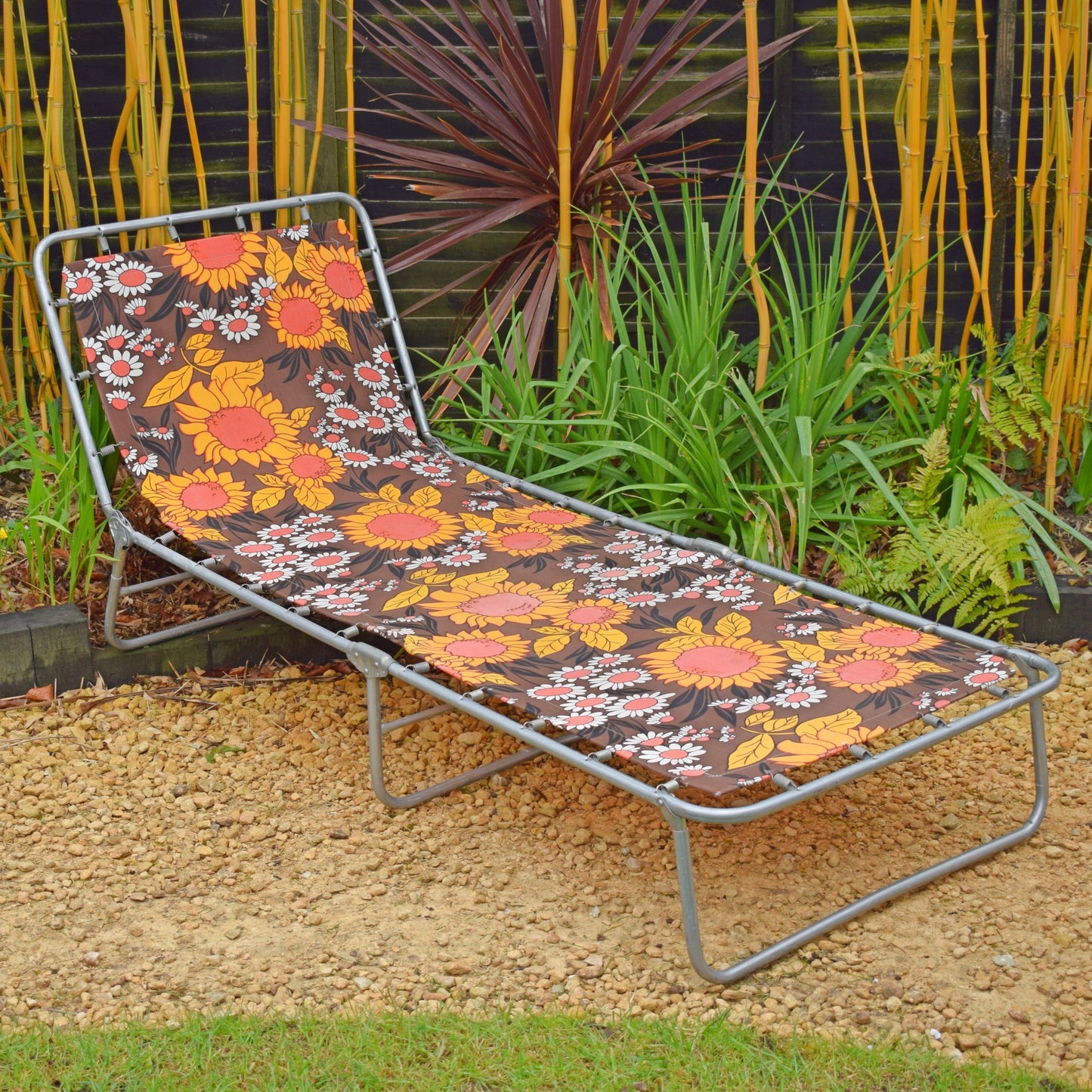 Vintage 1970s Garden Sun Lounger - Orange & Brown Flower