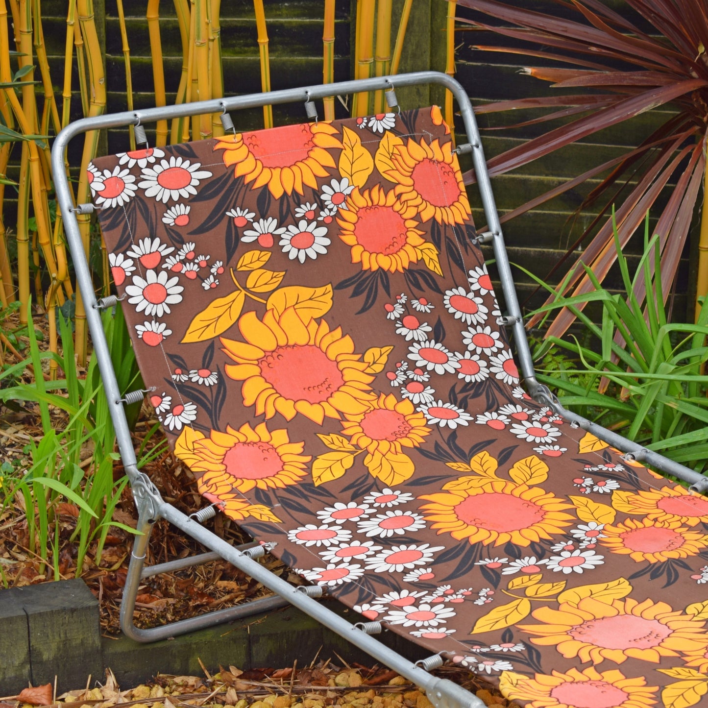 Vintage 1970s Garden Sun Lounger - Orange & Brown Flower