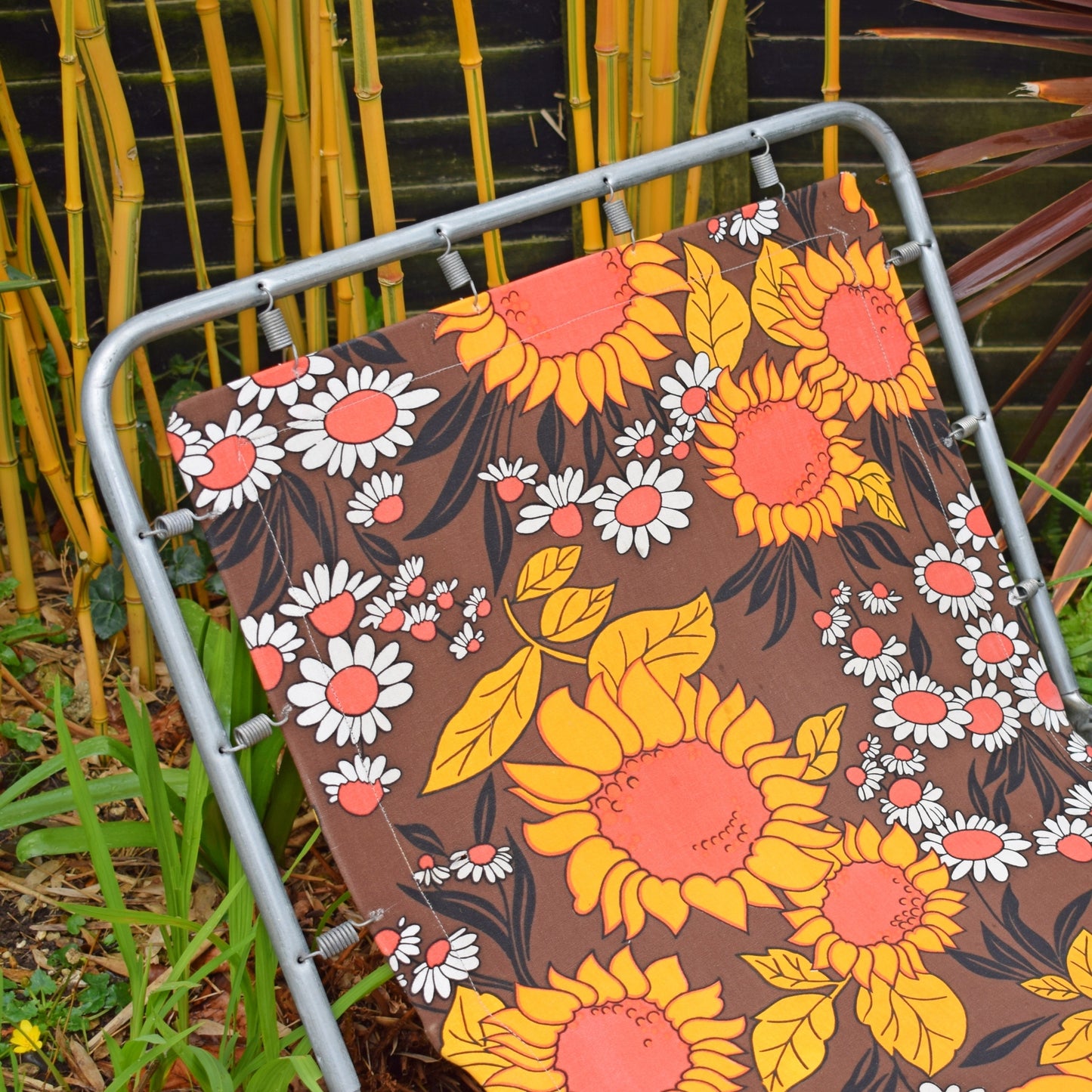 Vintage 1970s Garden Sun Lounger - Orange & Brown Flower