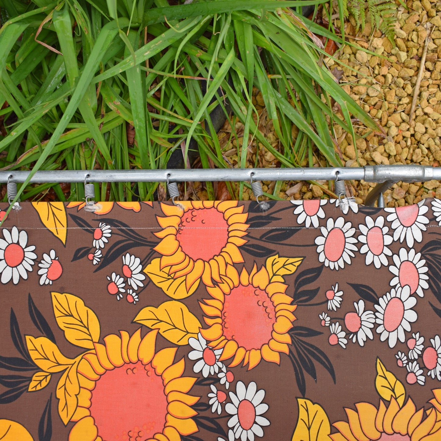 Vintage 1970s Garden Sun Lounger - Orange & Brown Flower
