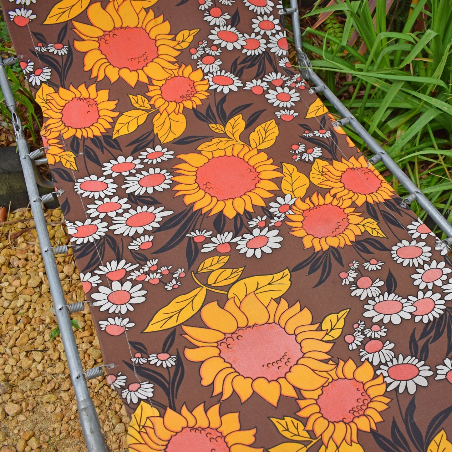 Vintage 1970s Garden Sun Lounger - Orange & Brown Flower