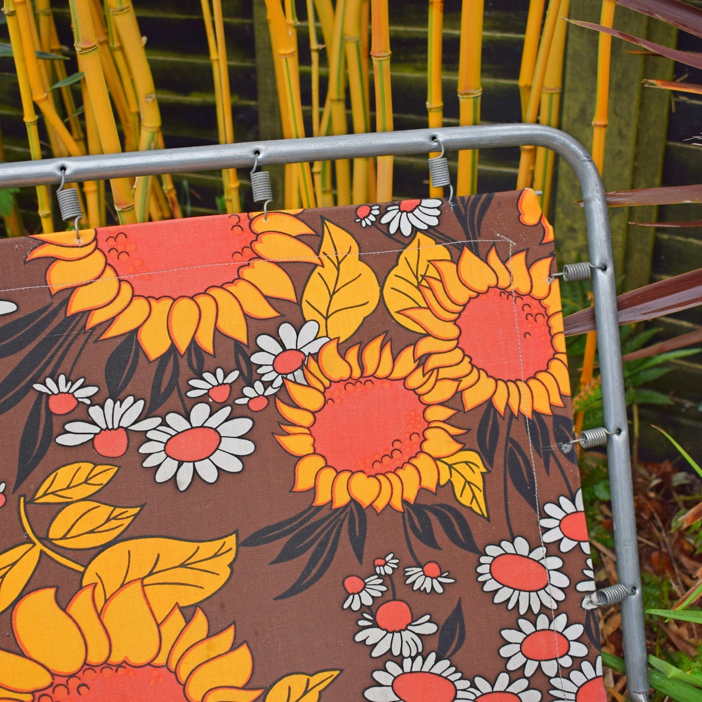 Vintage 1970s Garden Sun Lounger - Orange & Brown Flower