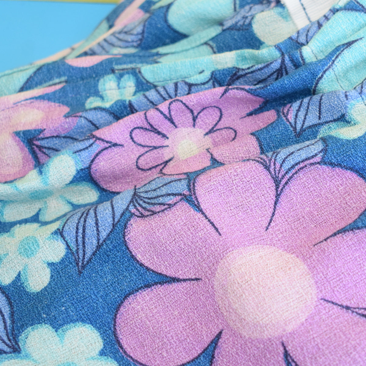Vintage 1960s Curtains - Flower Power Barkcloth - Purple & Blue