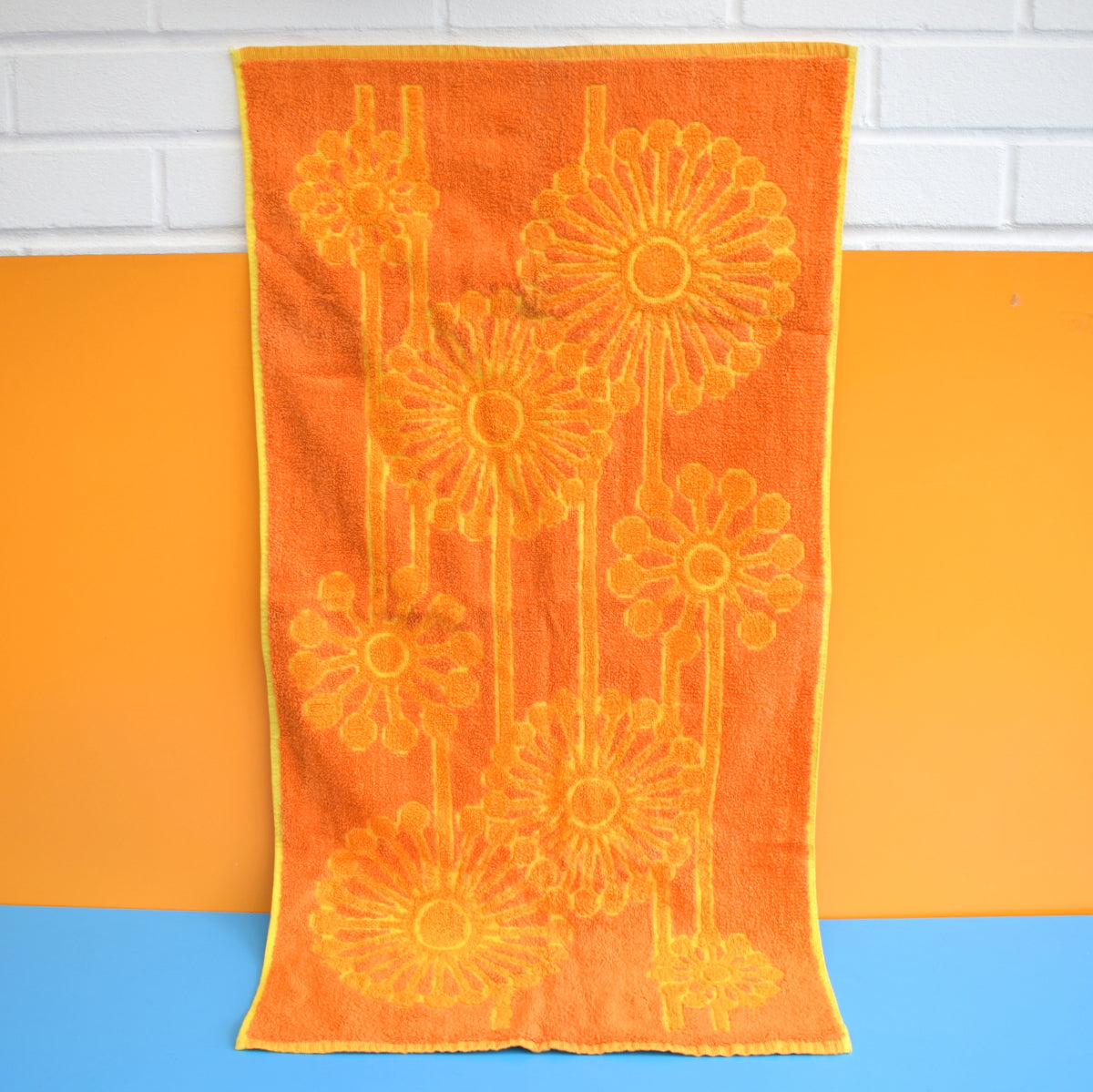 Vintage 1960s Cotton Bath Towels - Flower Power- Orange