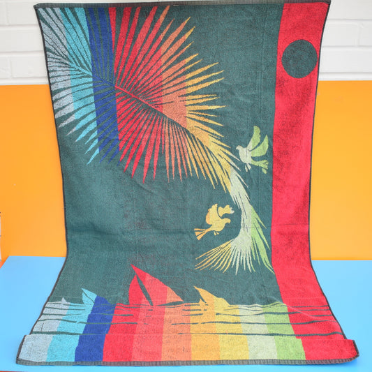 Vintage 1970s Cotton Bath Towel - Tropical Scene by Pineapple Retro