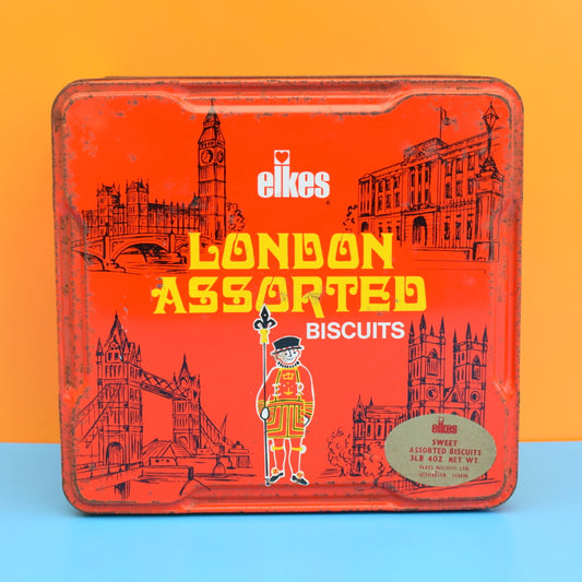 Vintage 1960s Metal Elkes Large Biscuit Tin - London Design . by Vintage