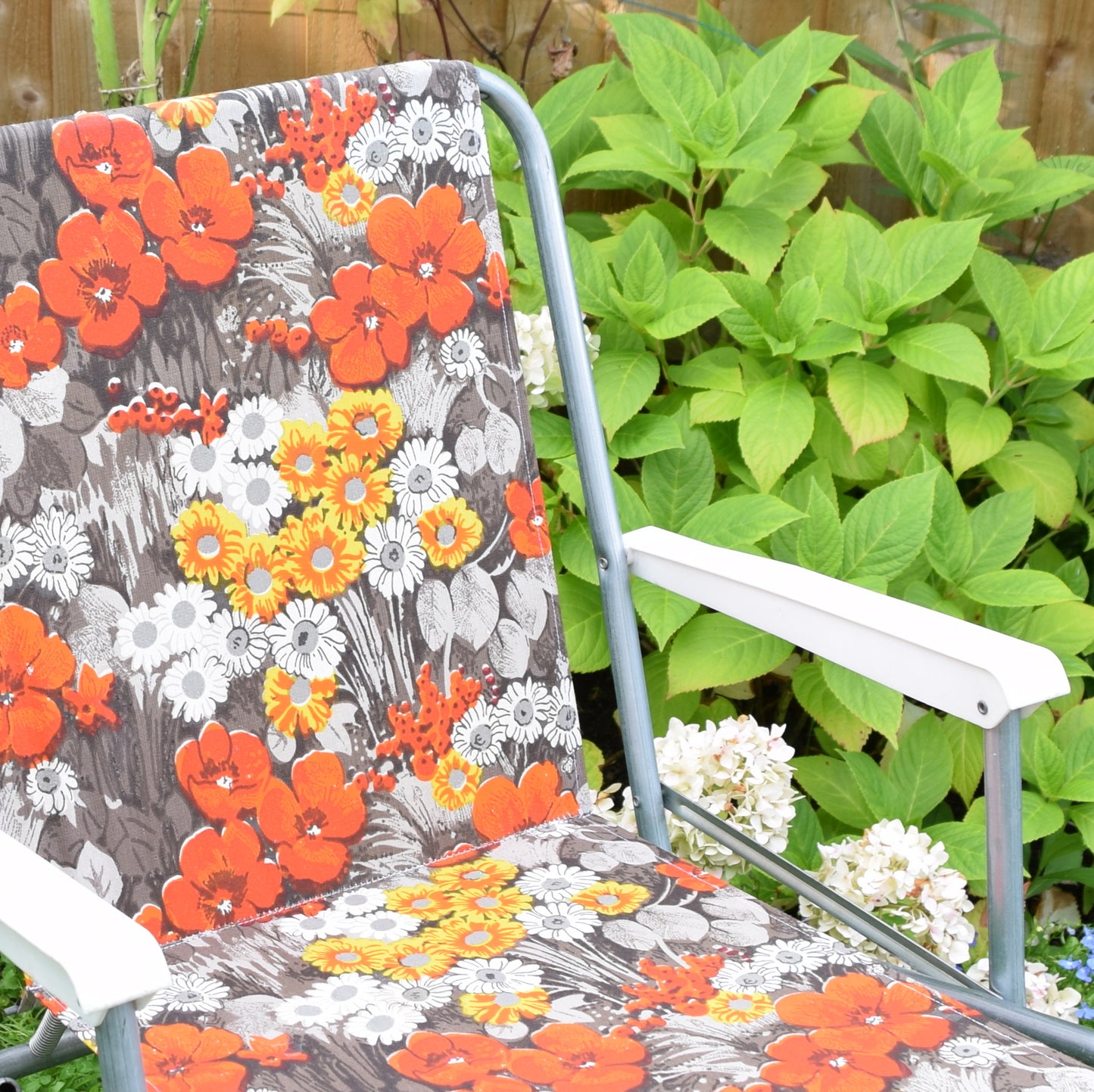 Vintage 1960s Folding Garden Chair - Flower Power - Orange & Grey