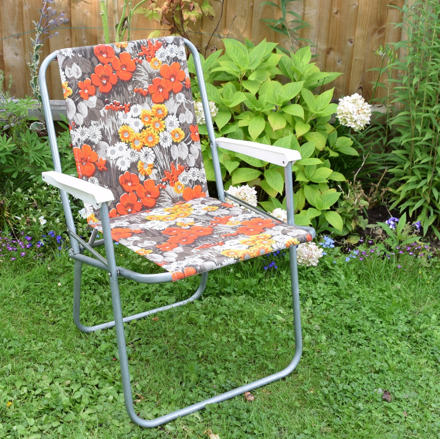 Vintage 1960s Folding Garden Chair - Flower Power - Orange & Grey