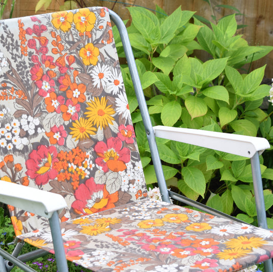 Vintage 1960s Folding Garden Chair - Flower Power - Orange, Red, Grey