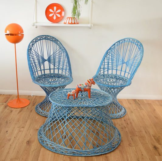 Vintage Fibreglass Strand Chair & Side Table - Russell Woodard - Blue
