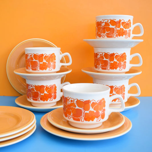Vintage 1960s Staffordshire Cups & Saucers - Orange by Pineapple Retro