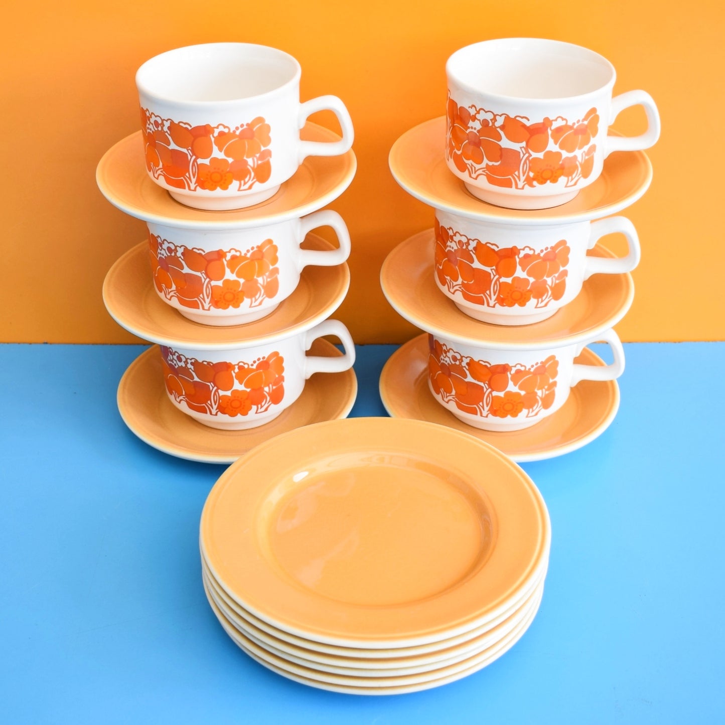 Vintage 1960s Staffordshire Cups & Saucers - Orange