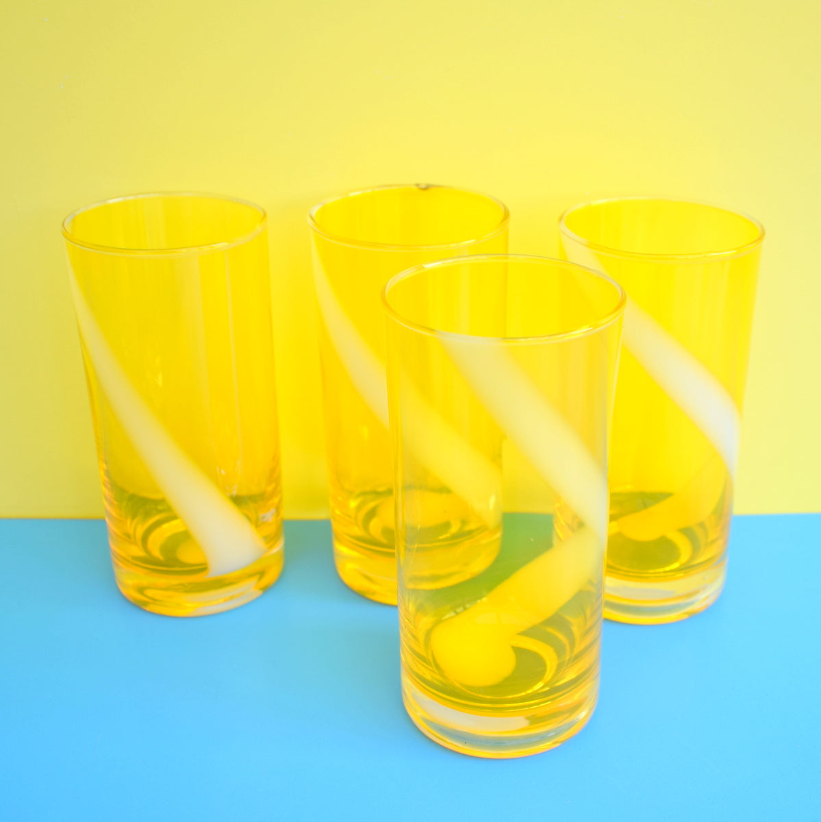 Vintage 1960s Quality Japanese Swirl Drinking Glasses - Sunny Yellow & White x6