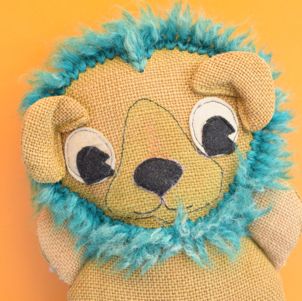 Vintage 1970s Small Hessian Lion - Character Crafts Ltd - Brown / Teal