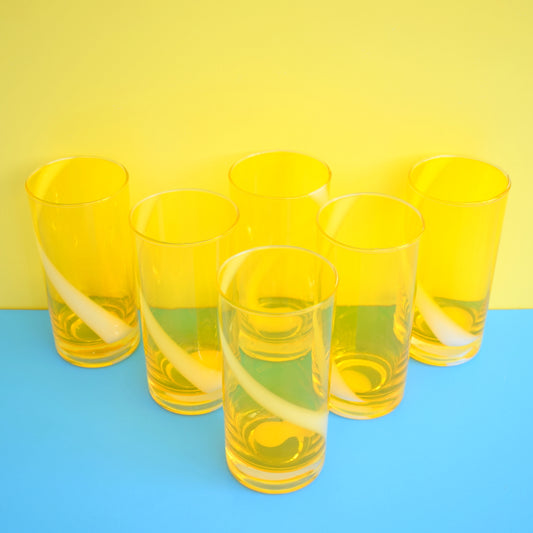 Vintage 1960s Quality Japanese Swirl Drinking Glasses - Sunny Yellow & White x6
