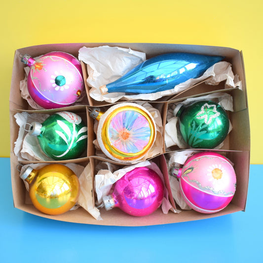 Vintage 1950s Hand Painted Medium / Concave Glass Christmas Baubles / Decorations - Pink, Green, Yellow, Blue - Boxed