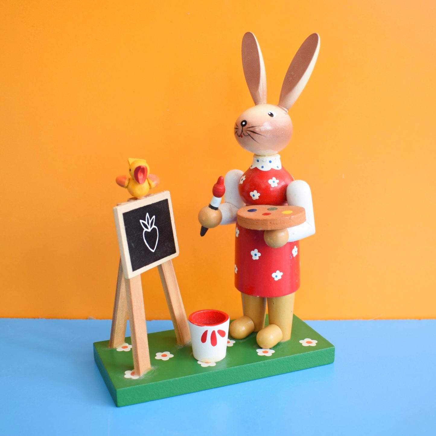 Vintage 1980s Wooden Painted Rabbit Artist by Vintage