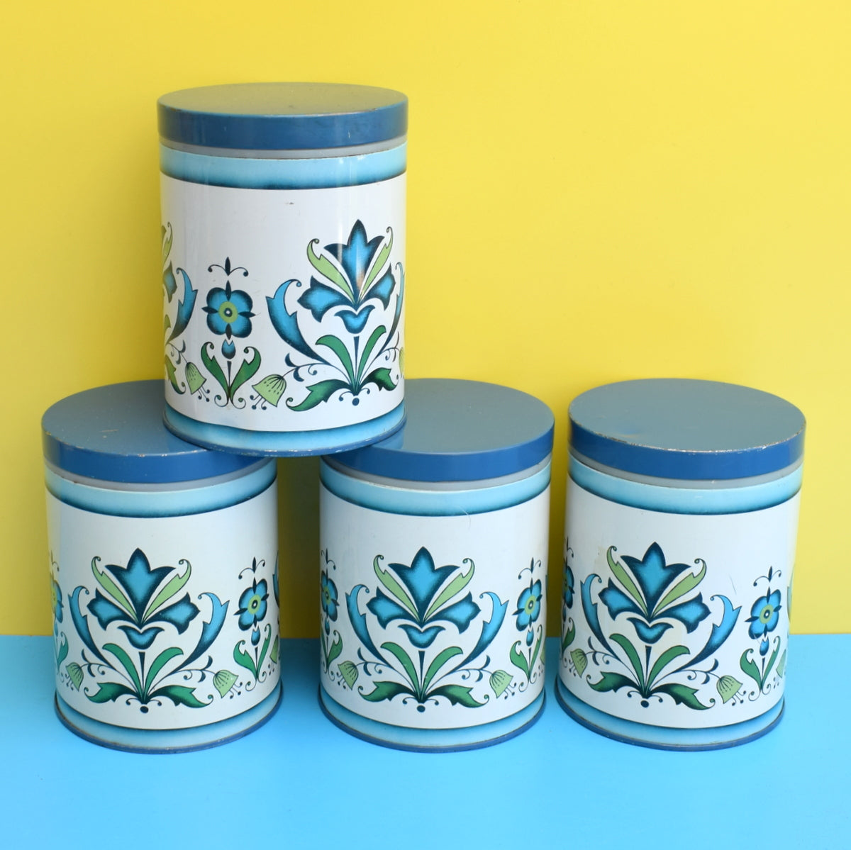 Vintage 1970s Flower Power Tin Canisters - Blue