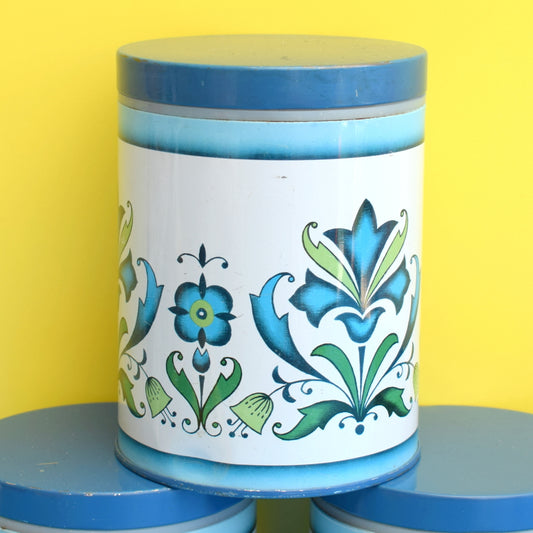 Vintage 1970s Flower Power Tin Canisters - Blue