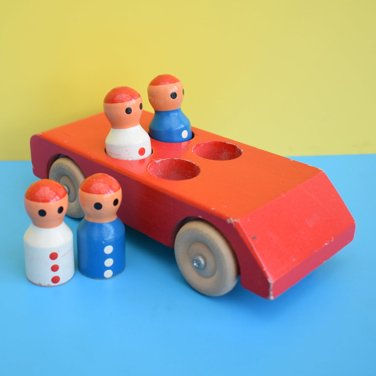 Vintage 1970s Wooden Car Toy With People - Escor Style - Red