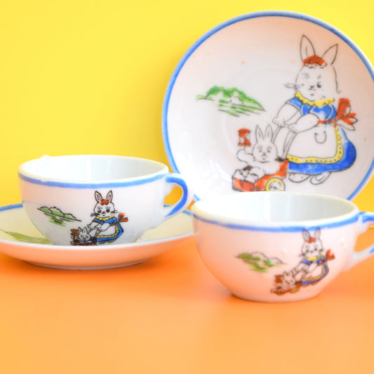 Vintage 1950s Childs Toy Ceramic Cups & Saucers - Cute Bunny Rabbit Print