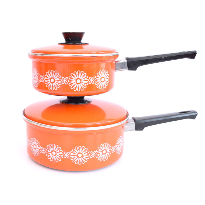 Vintage 1960s Enamel Sauce Pan - Orange & White Flower Power