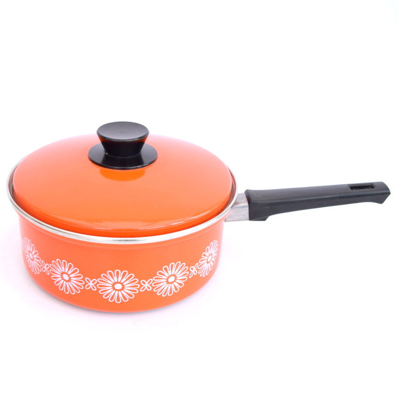 Vintage 1960s Enamel Sauce Pan - Orange & White Flower Power