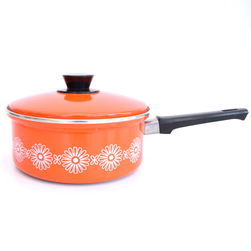 Vintage 1960s Enamel Sauce Pan - Orange & White Flower Power
