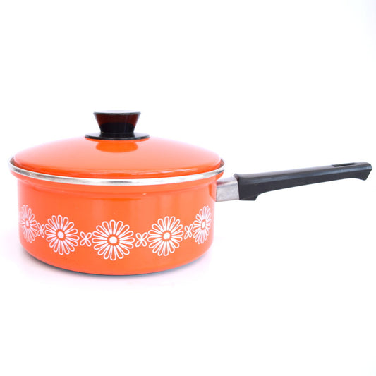 Vintage 1960s Enamel Sauce Pan - Orange & White Flower Power