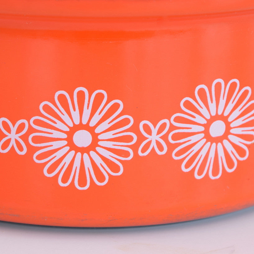 Vintage 1960s Enamel Sauce Pan - Orange & White Flower Power