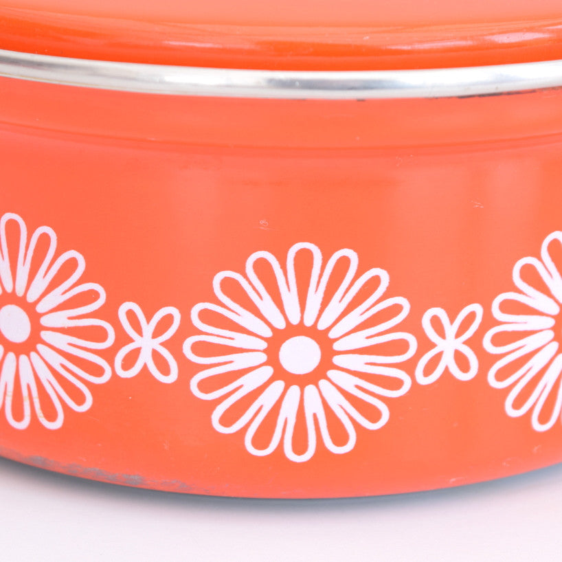 Vintage 1960s Enamel Sauce Pan - Orange & White Flower Power, Smaller