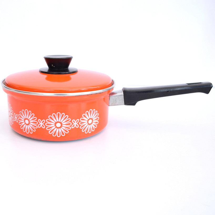Vintage 1960s Enamel Sauce Pan - Orange & White Flower Power, Smaller