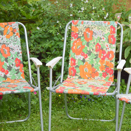 Vintage 1960s Folding Garden Chair - Flower Power - Orange & Green (4 available)