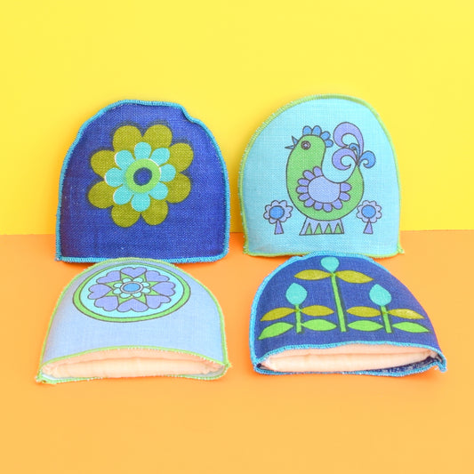 Vintage 1960s Egg Cosies - Flower Power - Blue, Purple x4