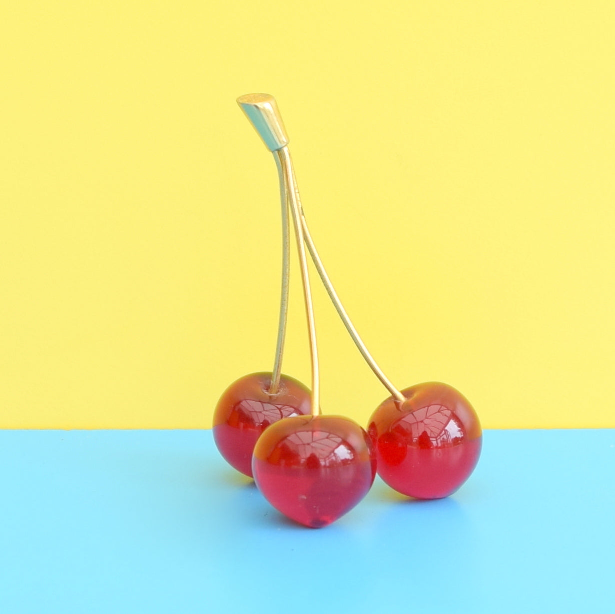 Vintage 1950s Cherry Ornament - Red Glass Cherries, Gold Stalk
