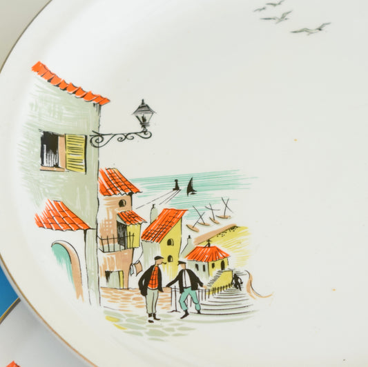 Vintage 1950s Kitsch Alfred Meakin Dinner Plate - Fishermans Cove - Orange, Green