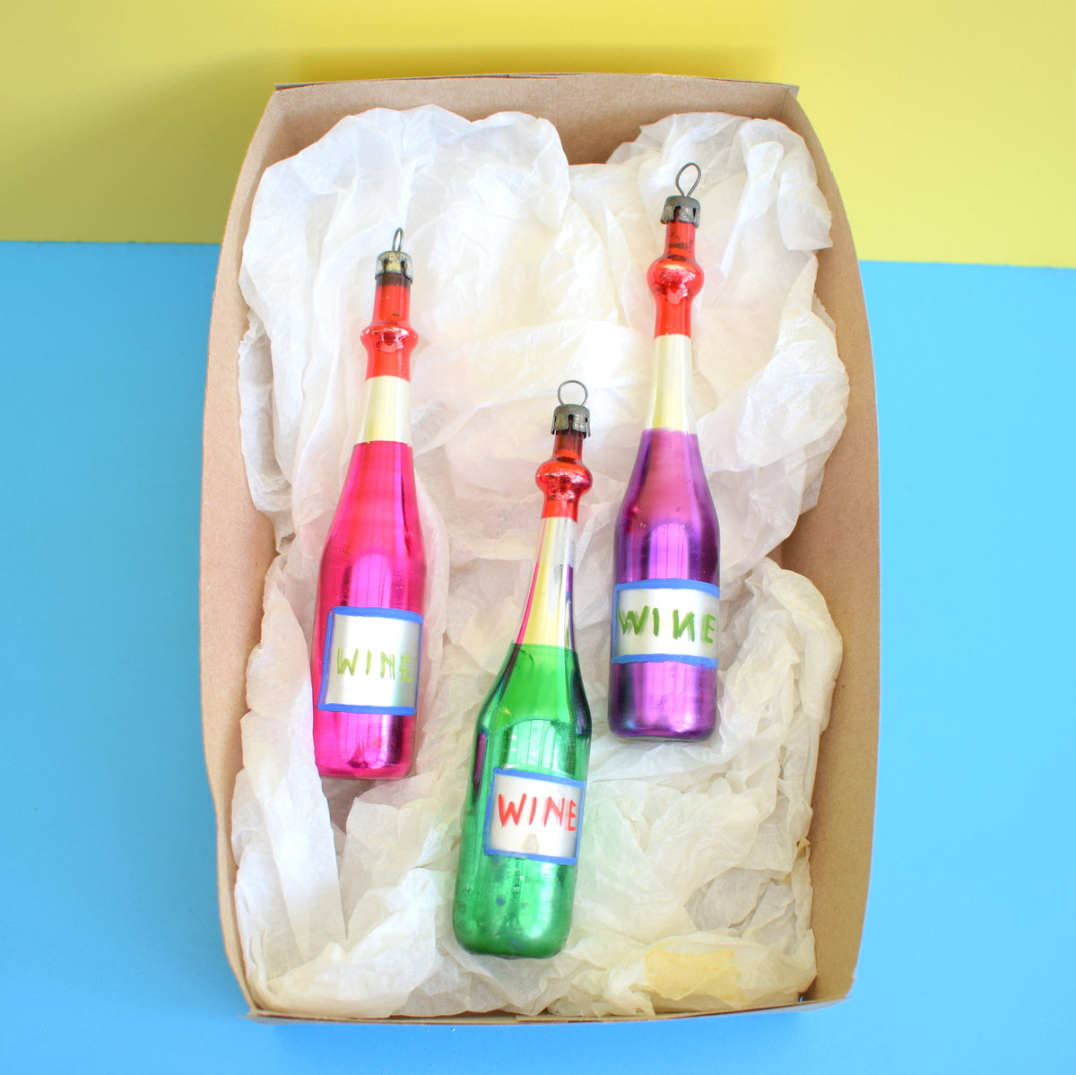 Vintage 1950s Rare Glass Christmas Decorations x3 - Wine Bottles - Pink, Green & Purple - Boxed