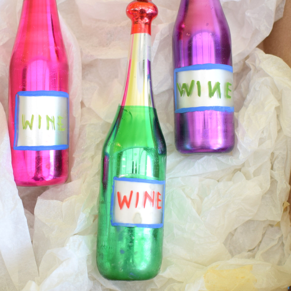 Vintage 1950s Rare Glass Christmas Decorations x3 - Wine Bottles - Pink, Green & Purple - Boxed