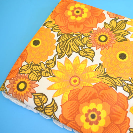Vintage 1960s Double Bed Cover - Textured Weave With Fringe - Orange flower Power - Unused