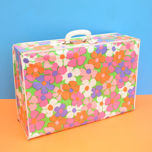 Vintage 1960s PVC Large Suitcase, Flower Power - Pink, Orange, Green, Purple