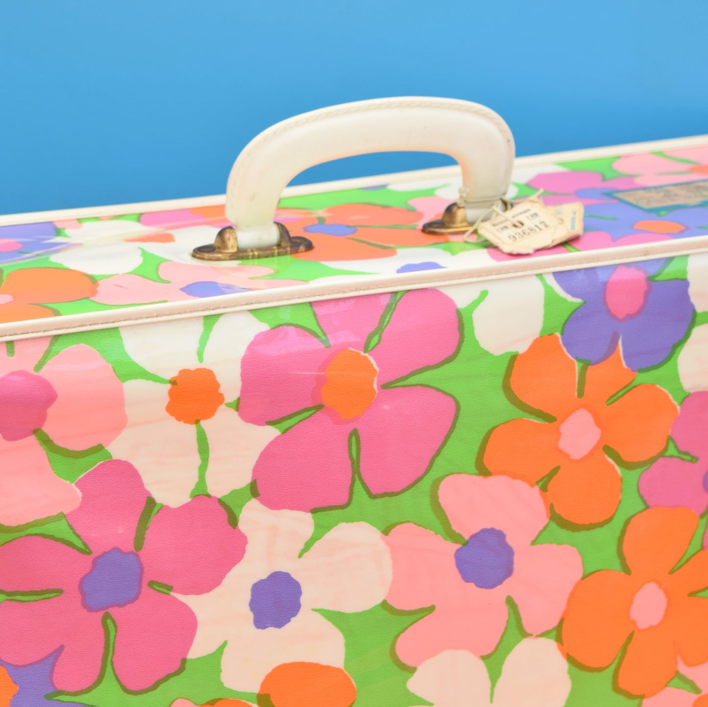 Vintage 1960s PVC Large Suitcase, Flower Power - Pink, Orange, Green, Purple