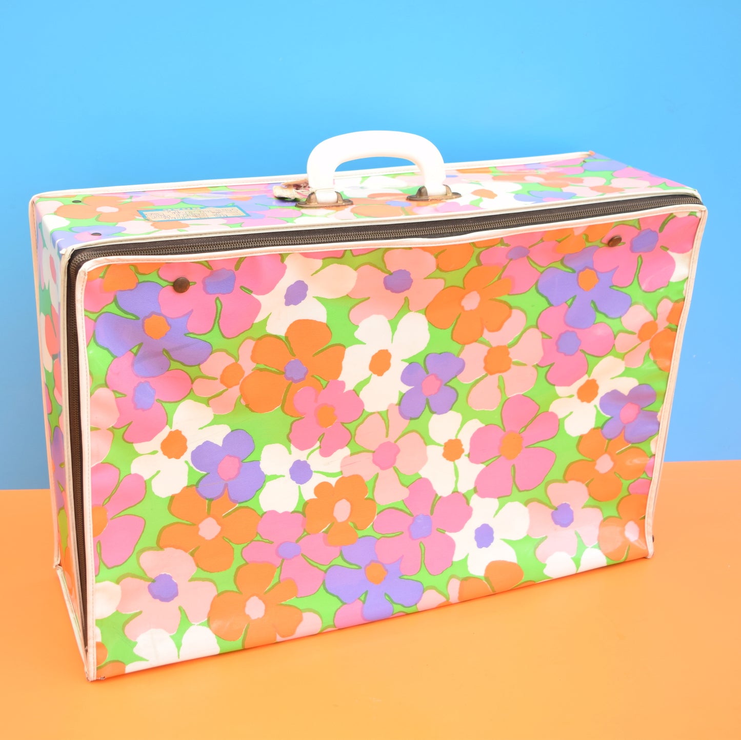 Vintage 1960s PVC Large Suitcase, Flower Power - Pink, Orange, Green, Purple