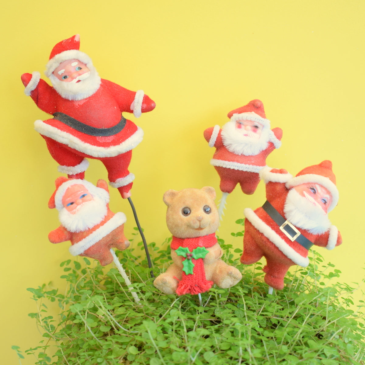 Vintage 1960s Kitsch Flocked Plastic Kitsch Christmas Decoration Group x5 - Santa on Sticks