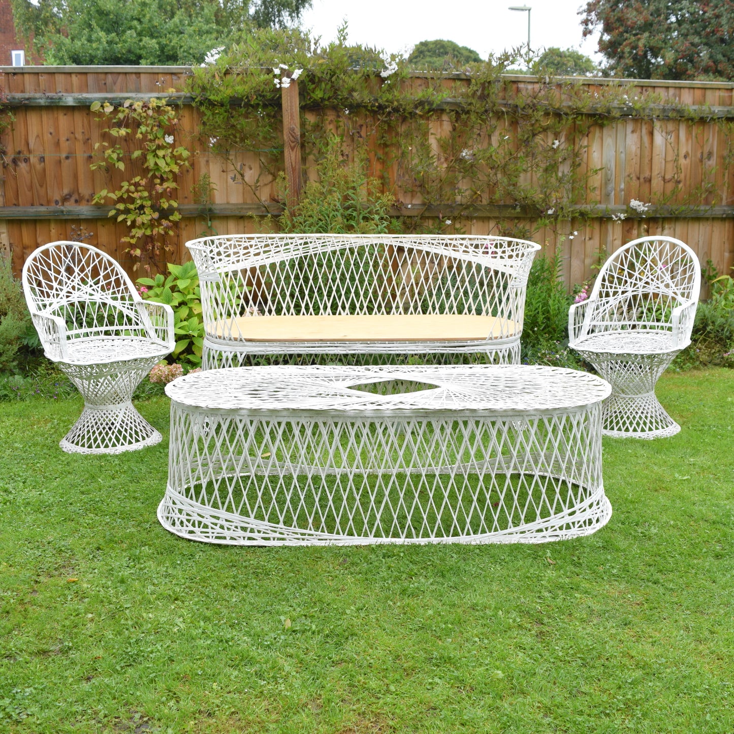 Vintage Fibreglass Strand Garden Set- Bench, 2 Arm chairs & Coffee Table- Russell Woodard