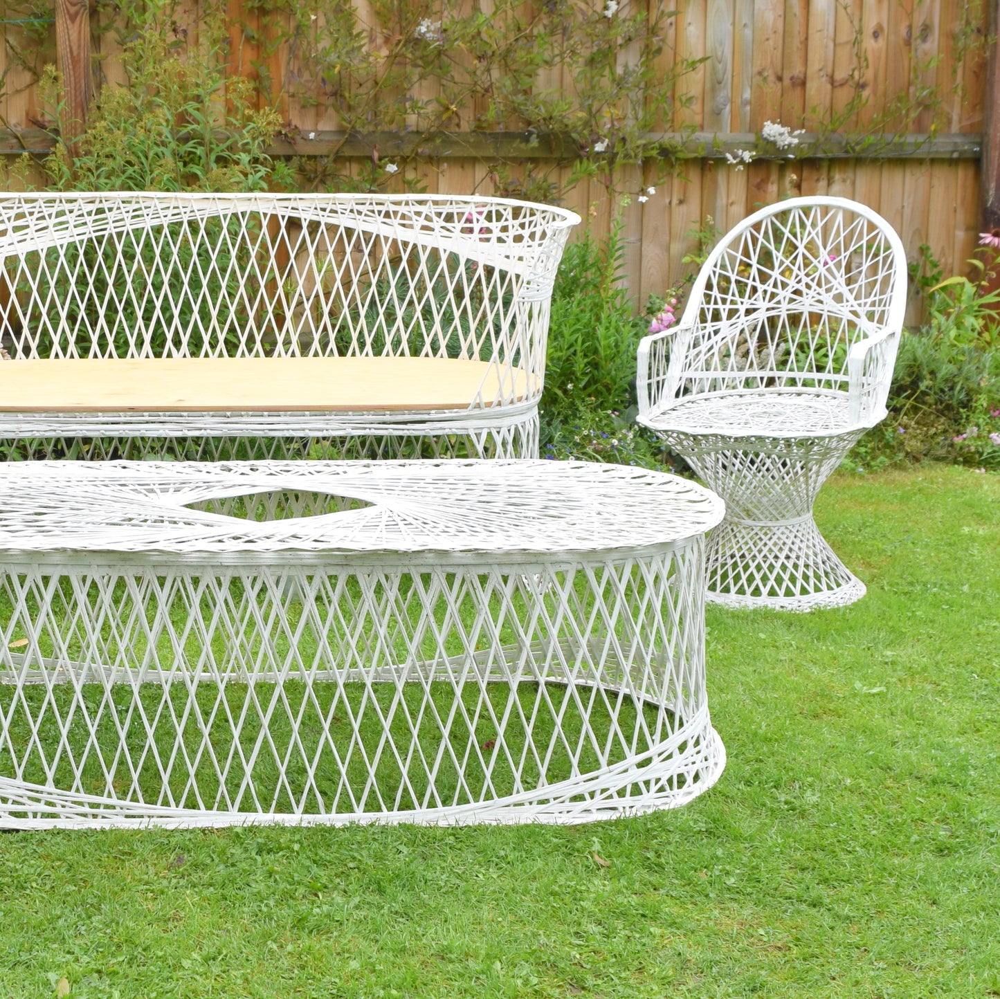 I have decided to sell two of my own fibreglass chairs to go with this fantastic set (one off coffee table too) Perfect for a conservatory as well as garden. Totally weatherproof (the board on the bench will be painted white and also weatherproof) no need to protect any of it for the winter.