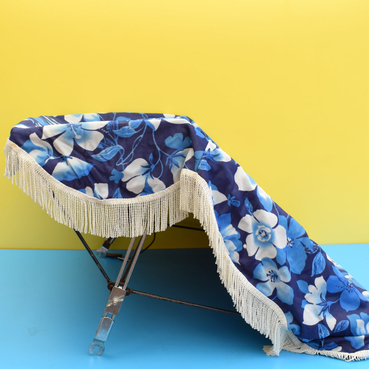 Vintage 1960s Large Pram Sun Canopy - Blue Flowers