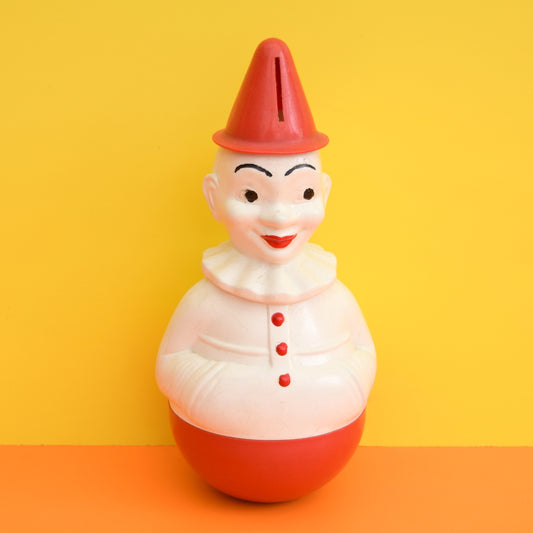 Vintage 1960s kitsch Plastic Clown Weeble Esk Money Box Toy