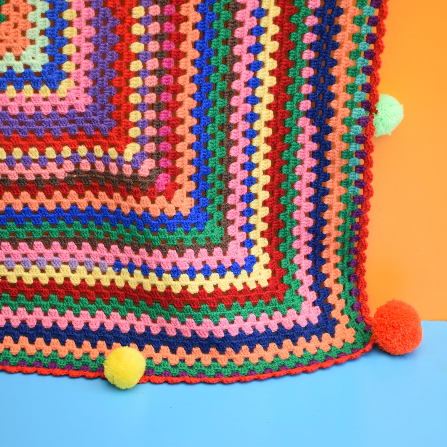 Vintage 1970s Crochet Blanket - Pom Poms